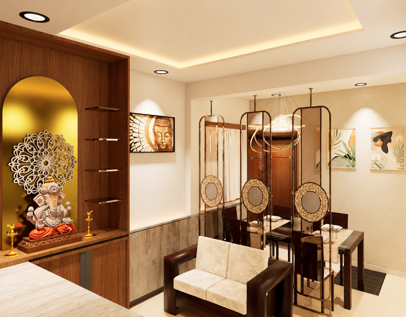 Warm residential living and dining interior