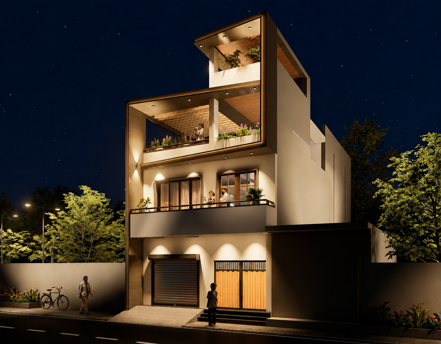 Narrow contemporary residence exterior at night