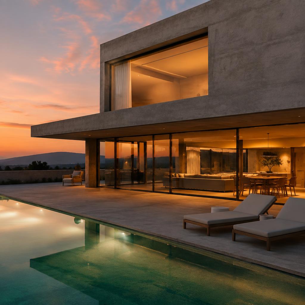 Concrete villa at dusk