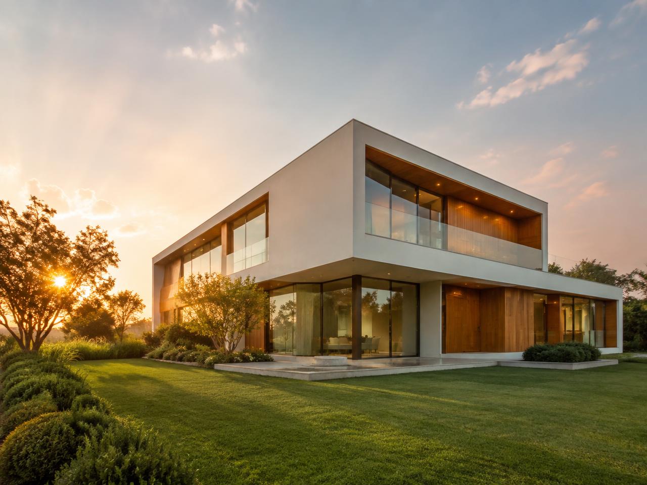Contemporary residence with timber accents at golden hour